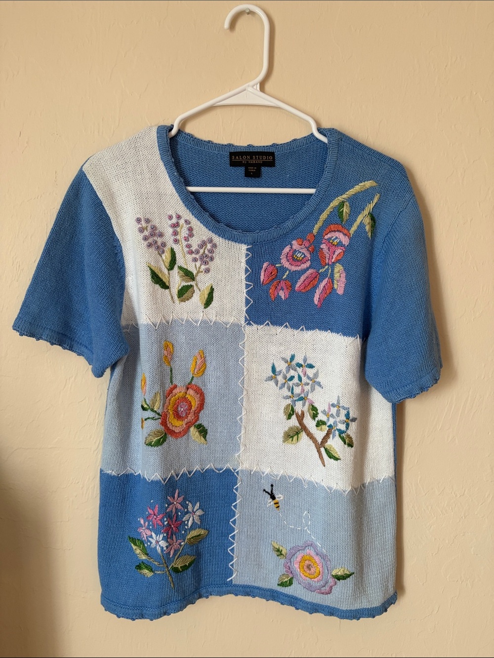 Vintage Blue Floral Patchwork Short-Sleeve Sweater
